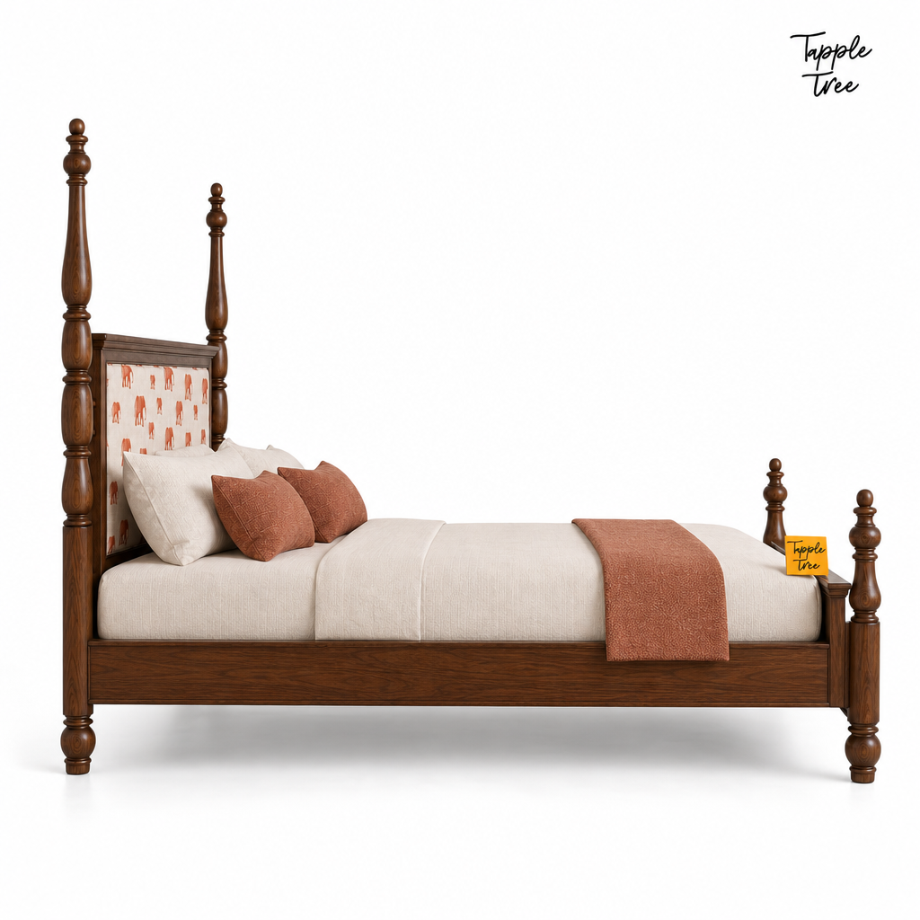 Elephant Motif Teak Poster Bed, white side profile