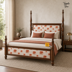 Elephant Motif Teak Poster Bed, lifestyle view with a removable Tapple Tree tag resting on the bed and a small corner logo