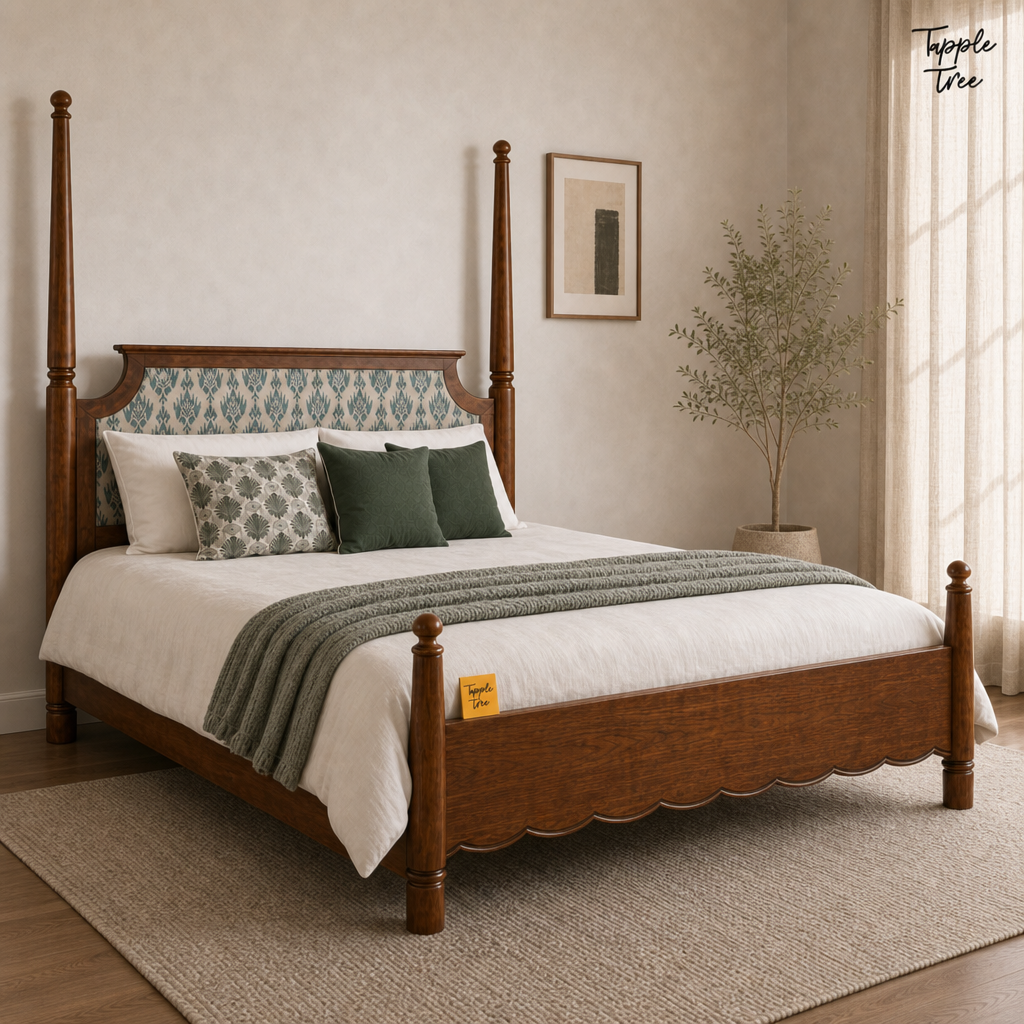 Ikat Scallop Teak Poster Bed, lifestyle opposite angle