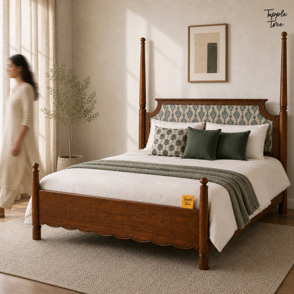 Ikat Scallop Teak Poster Bed, lifestyle walking woman