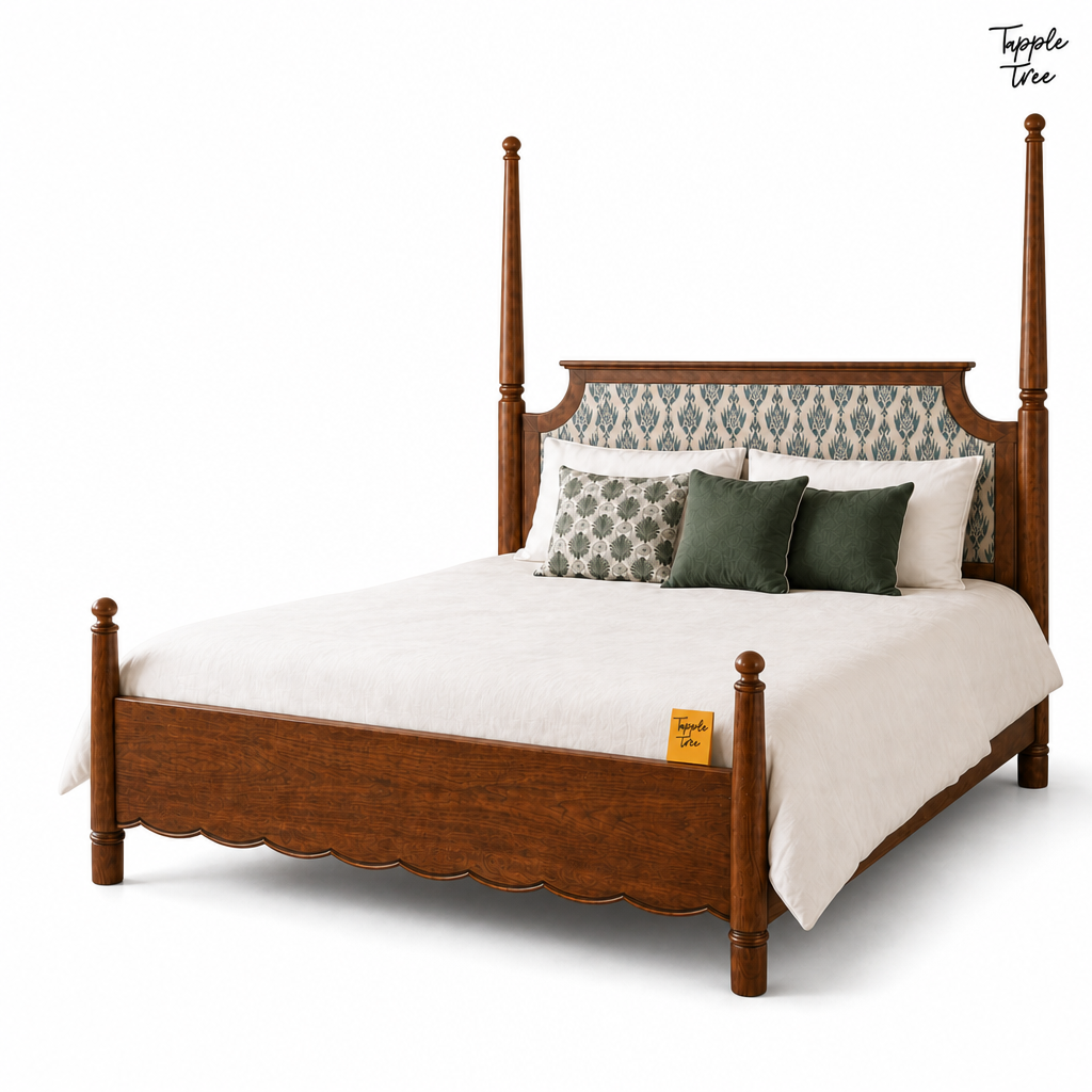 Ikat Scallop Teak Poster Bed, white three quarter