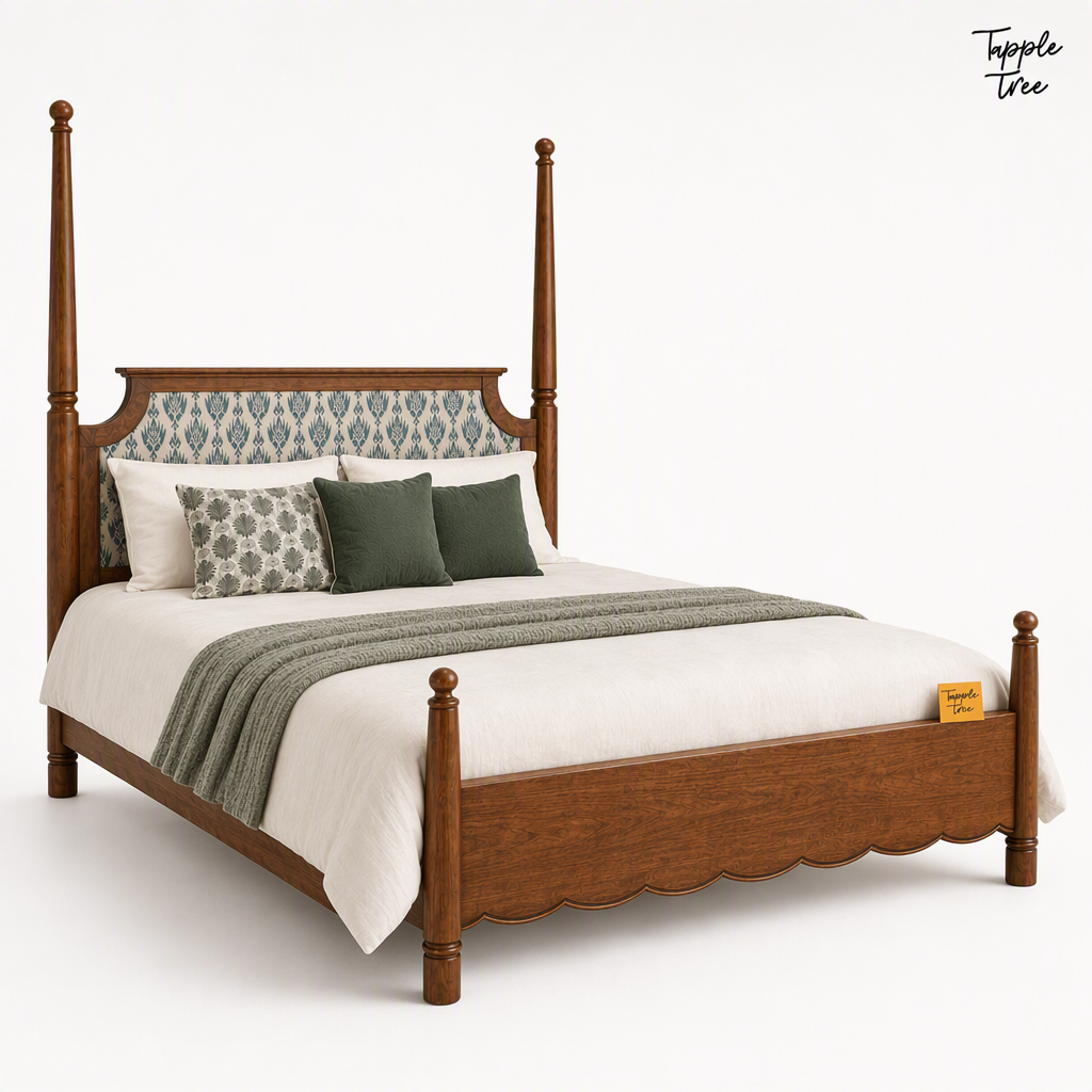 Ikat Scallop Teak Poster Bed, white opposite angle