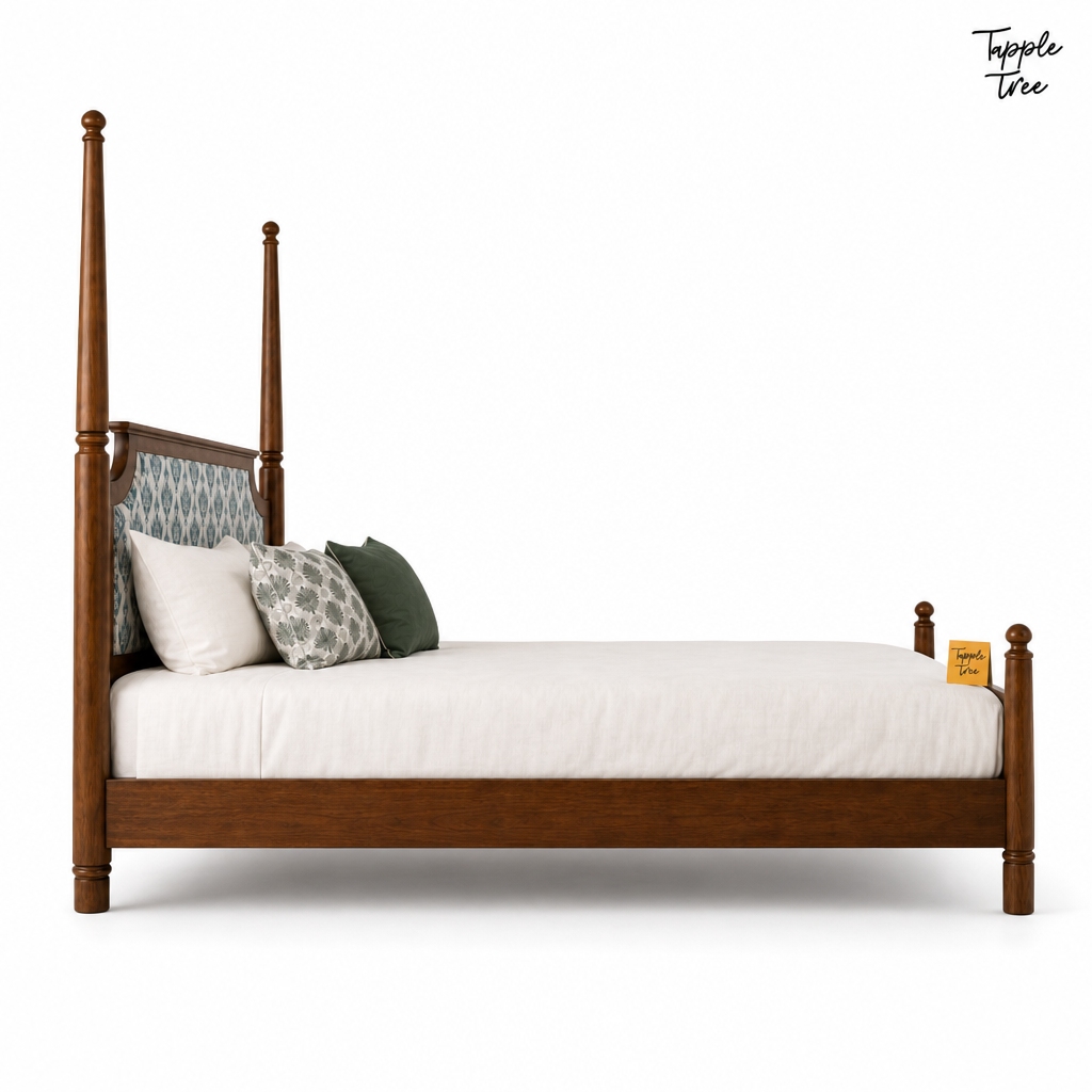 Ikat Scallop Teak Poster Bed, white side profile