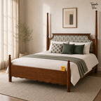 Ikat Scallop Teak Poster Bed, lifestyle view with a removable Tapple Tree tag resting on the bed and a small corner logo