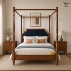 Midnight Blue Teak Canopy Bed, lifestyle front