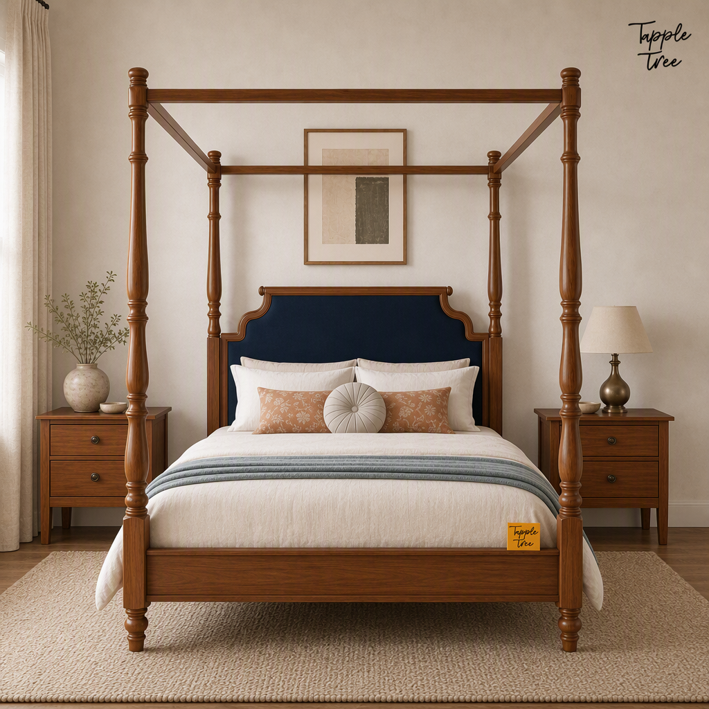 Midnight Blue Teak Canopy Bed, lifestyle front