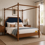 Midnight Blue Teak Canopy Bed, lifestyle opposite angle