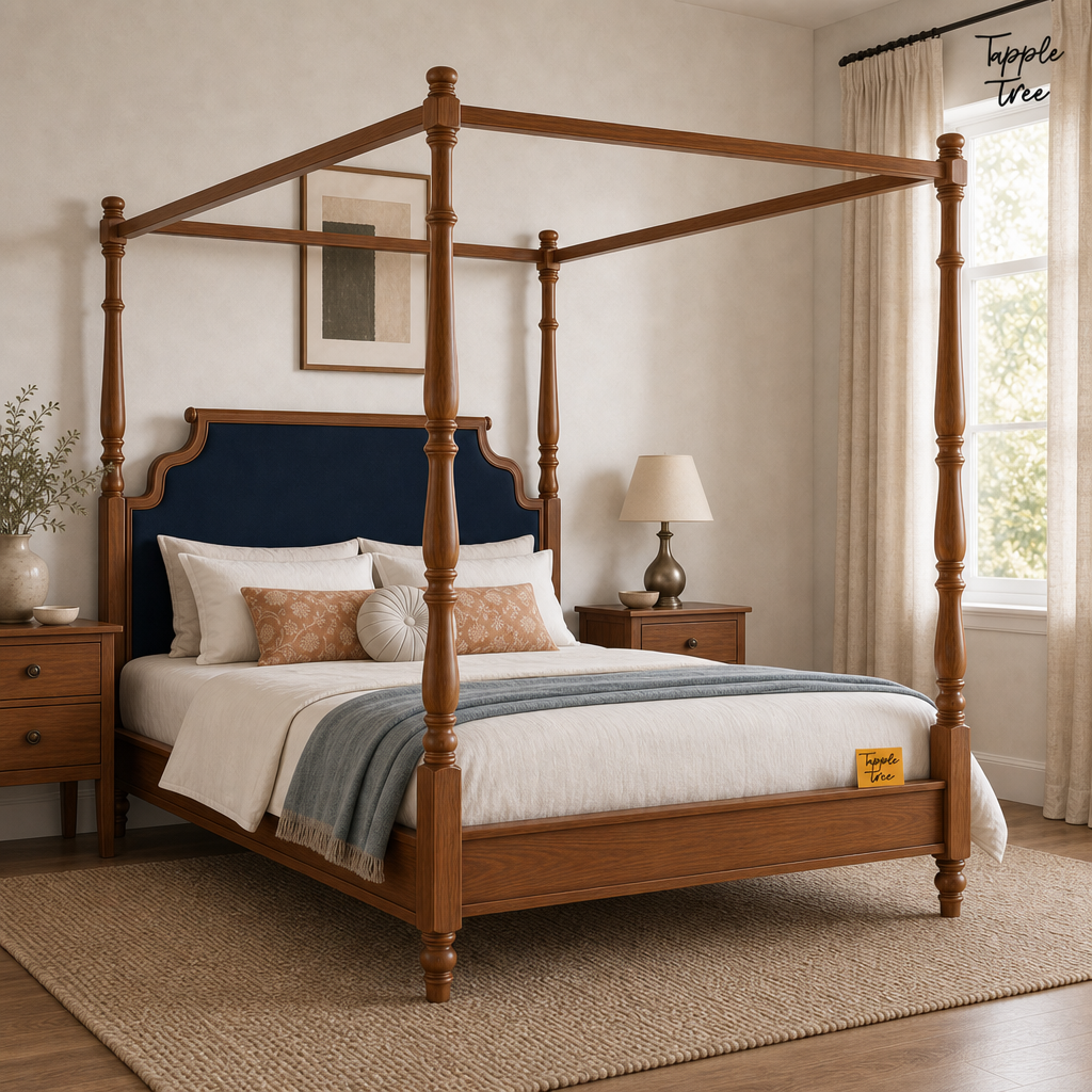 Midnight Blue Teak Canopy Bed, lifestyle opposite angle