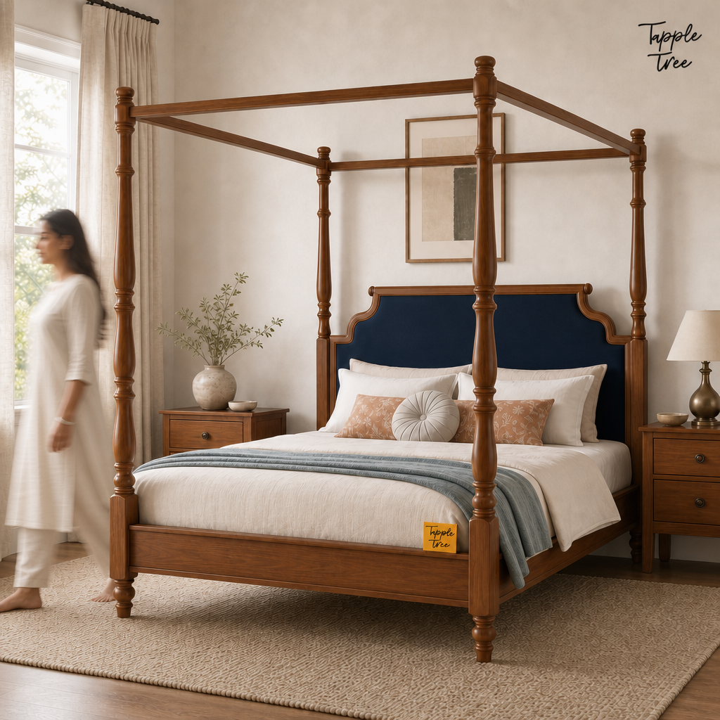 Midnight Blue Teak Canopy Bed, lifestyle walking woman