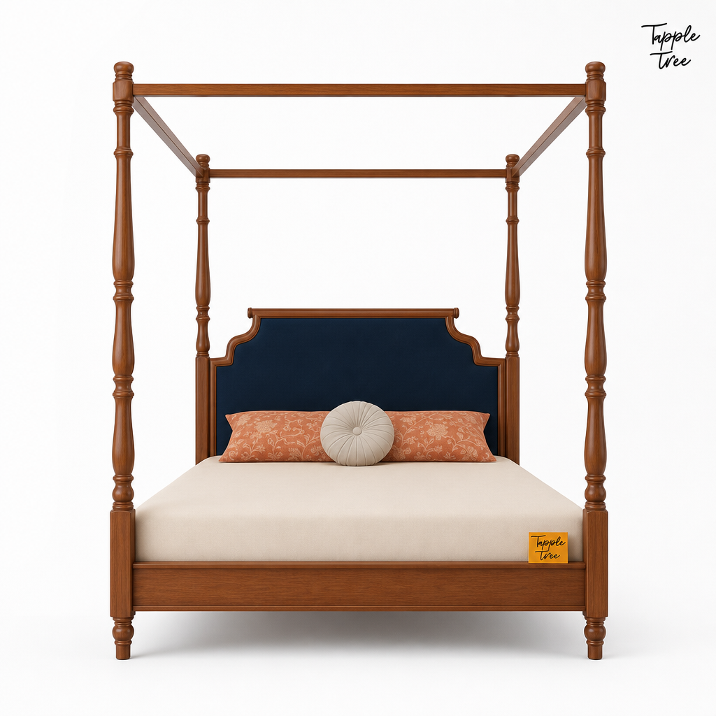 Midnight Blue Teak Canopy Bed, white front