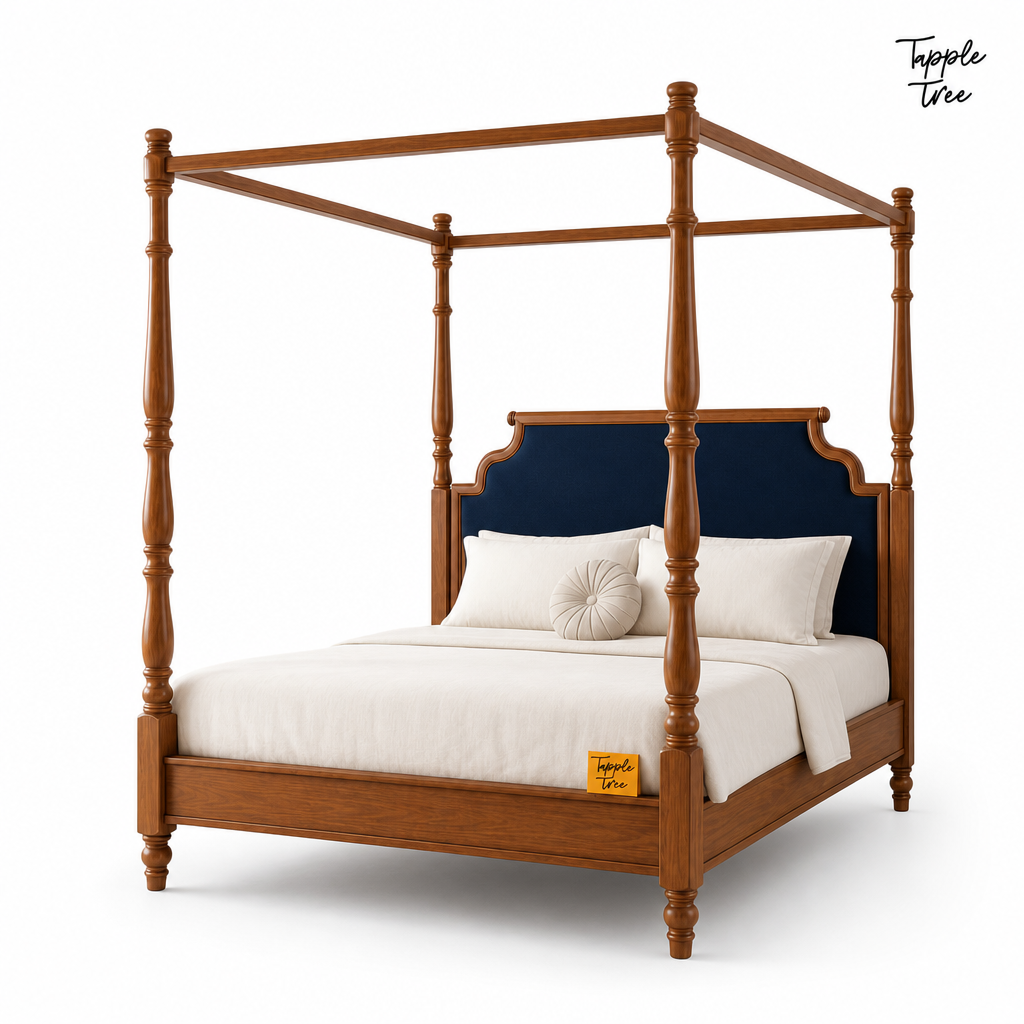 Midnight Blue Teak Canopy Bed, white three quarter