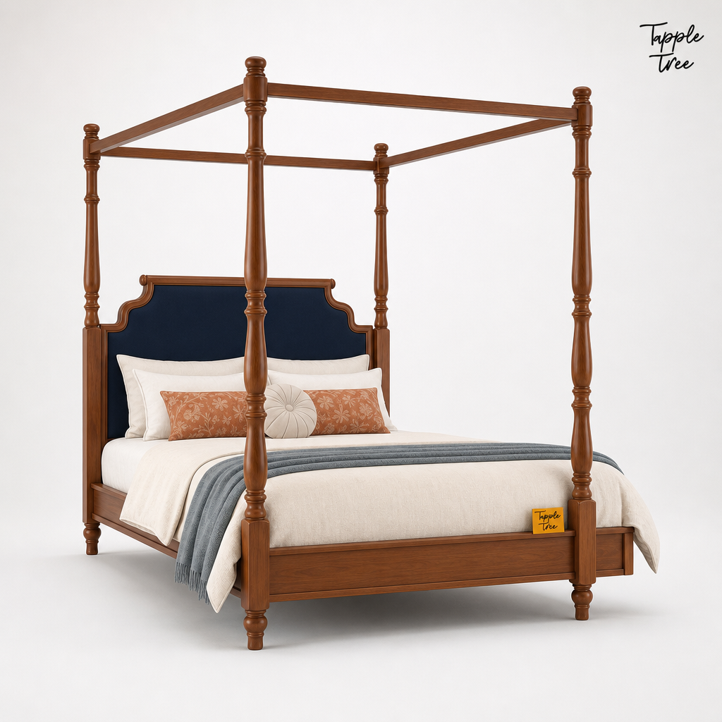 Midnight Blue Teak Canopy Bed, white opposite angle