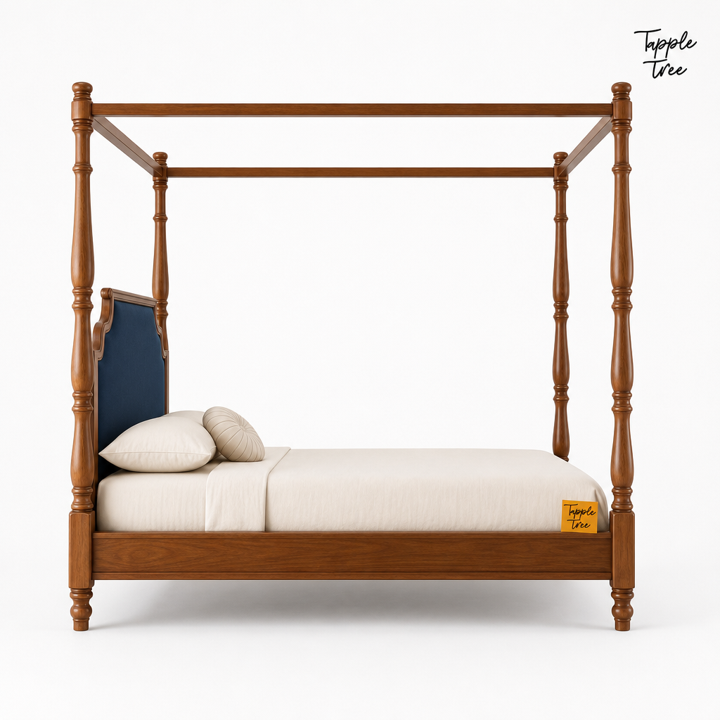 Midnight Blue Teak Canopy Bed, white side profile