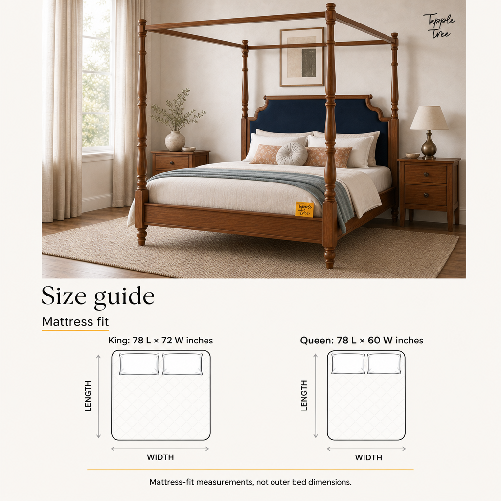 Midnight Blue Teak Canopy Bed, size guide