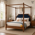 Midnight Blue Teak Canopy Bed, lifestyle view with a removable Tapple Tree tag resting on the bed and a small corner logo