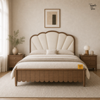 Lotus Fan Teak Upholstered Bed, lifestyle front