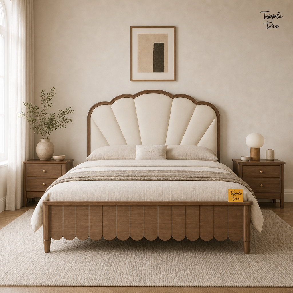 Lotus Fan Teak Upholstered Bed, lifestyle front