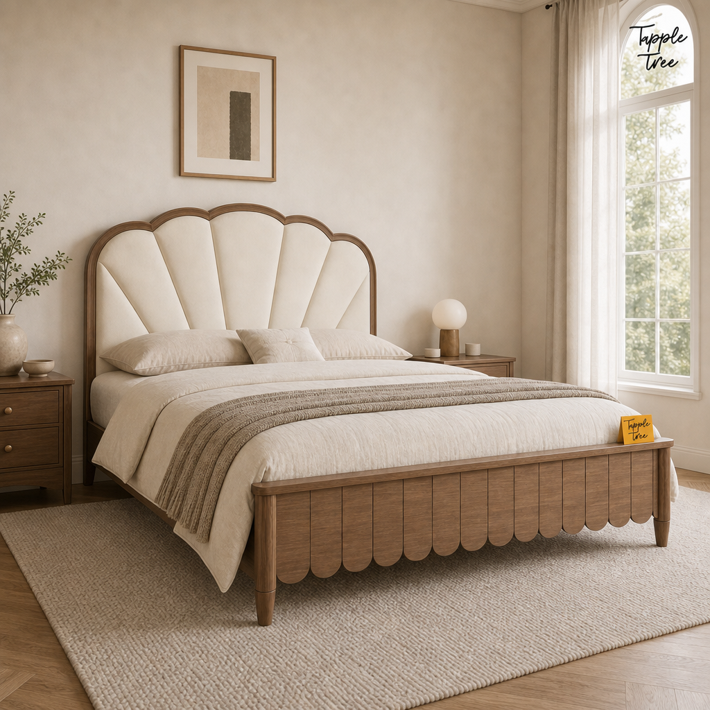 Lotus Fan Teak Upholstered Bed, lifestyle opposite angle