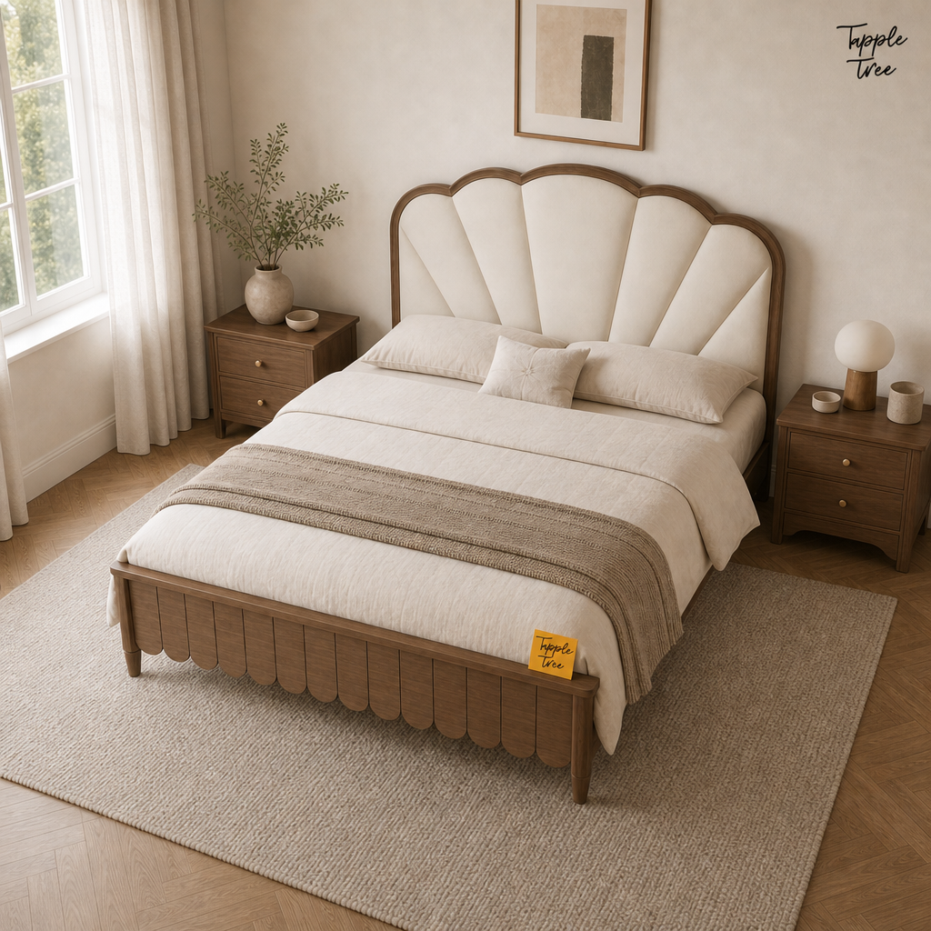 Lotus Fan Teak Upholstered Bed, lifestyle elevated