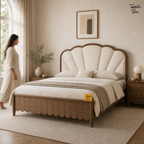 Lotus Fan Teak Upholstered Bed, lifestyle walking woman