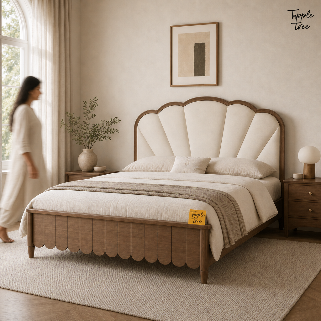 Lotus Fan Teak Upholstered Bed, lifestyle walking woman