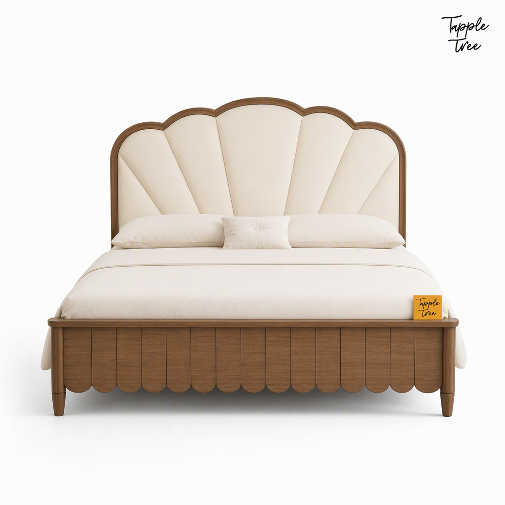 Lotus Fan Teak Upholstered Bed, white front