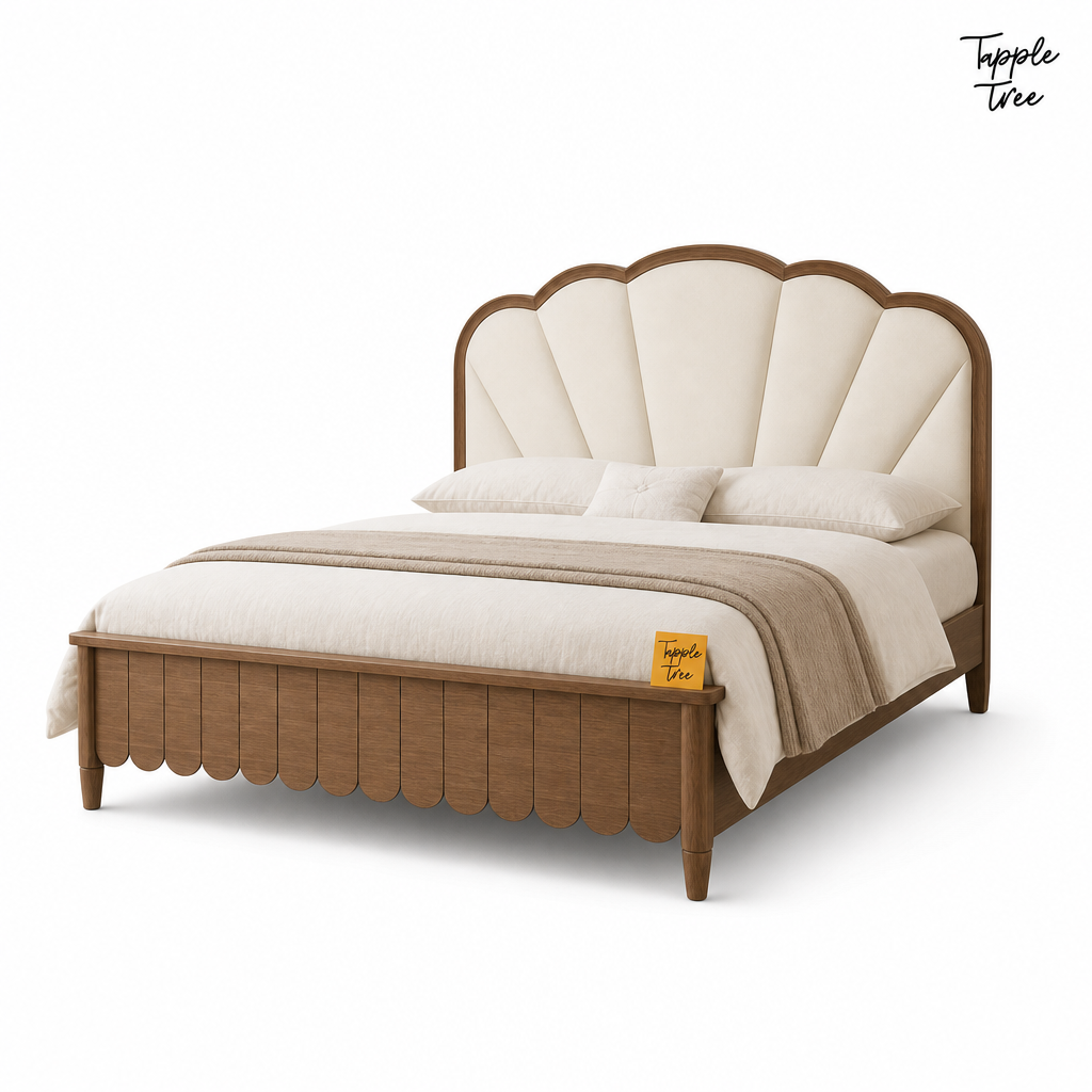 Lotus Fan Teak Upholstered Bed, white three quarter