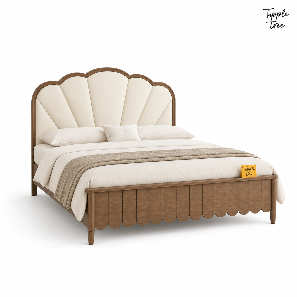 Lotus Fan Teak Upholstered Bed, white opposite angle