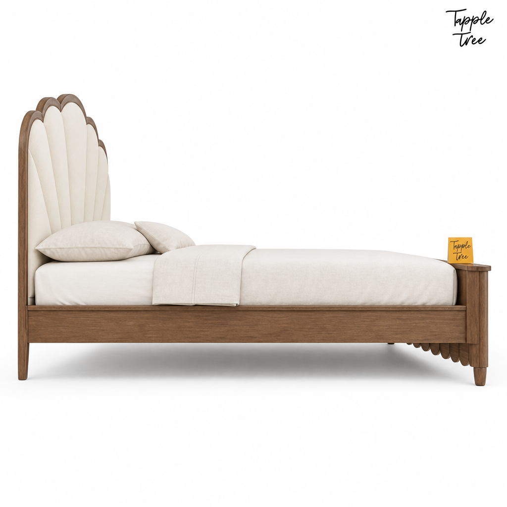 Lotus Fan Teak Upholstered Bed, white side profile