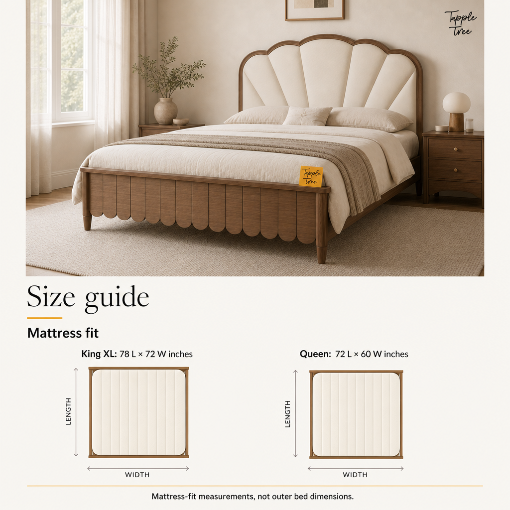 Lotus Fan Teak Upholstered Bed, size guide