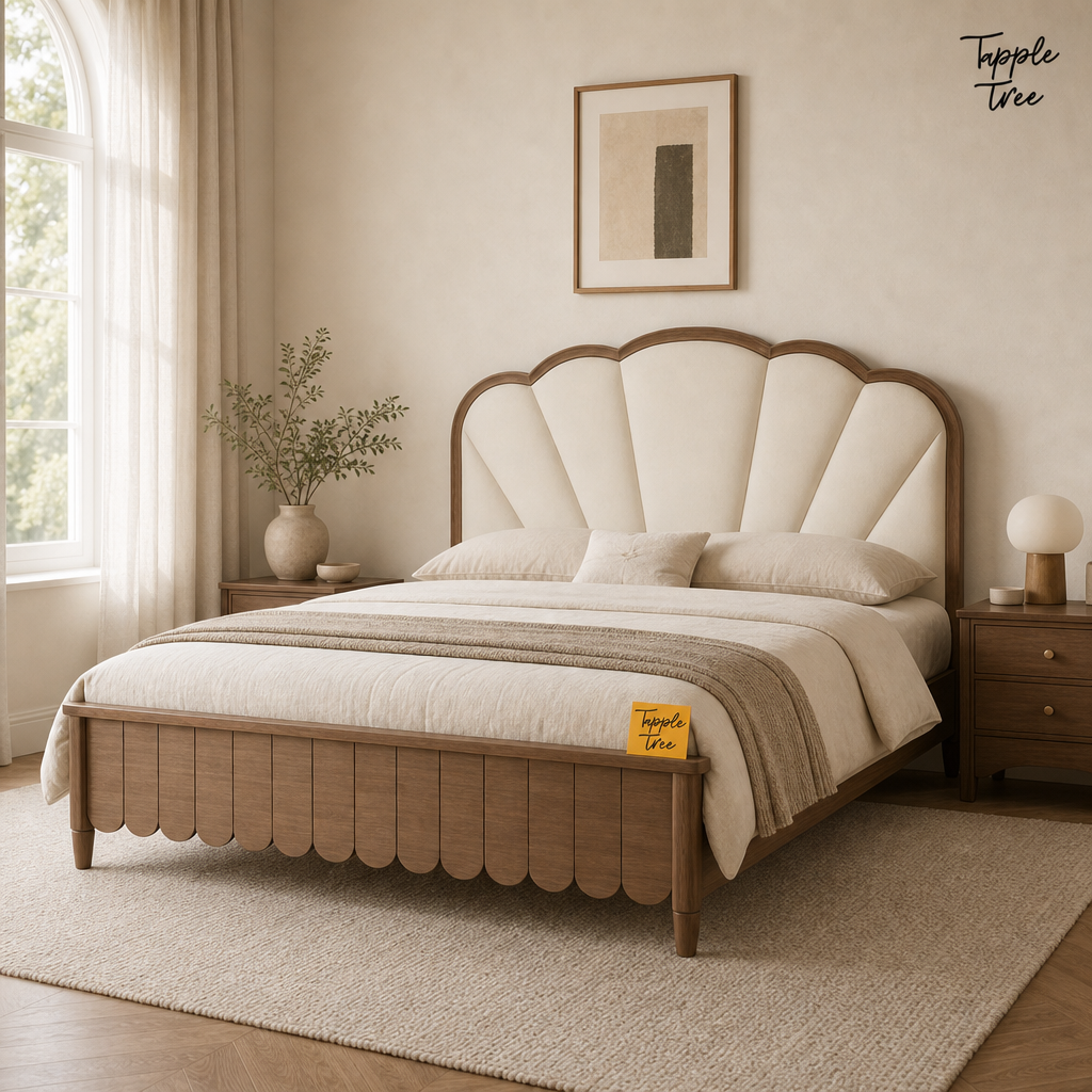 Lotus Fan Teak Upholstered Bed, lifestyle view with a removable Tapple Tree tag resting on the bed and a small corner logo
