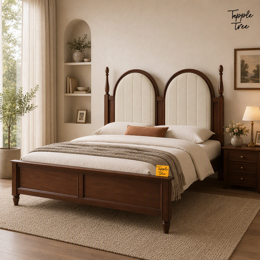 Twin Arch Teak Upholstered Bed, lifestyle view with a removable Tapple Tree tag resting on the bed and a small corner logo