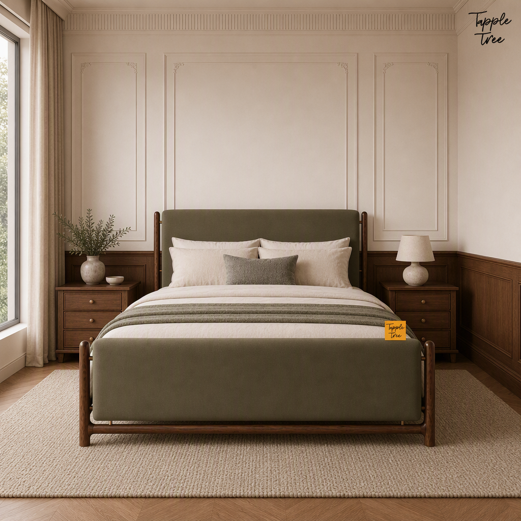 Olive Panel Teak Upholstered Bed, lifestyle front