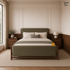 Olive Panel Teak Upholstered Bed, lifestyle front