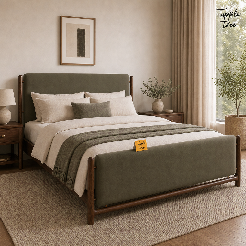Olive Panel Teak Upholstered Bed, lifestyle opposite angle