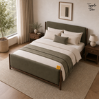 Olive Panel Teak Upholstered Bed, lifestyle elevated