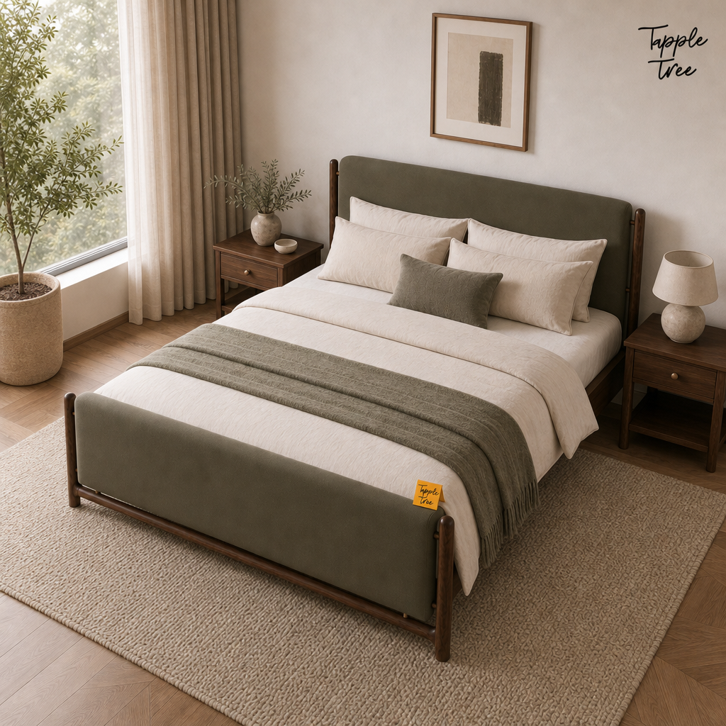 Olive Panel Teak Upholstered Bed, lifestyle elevated