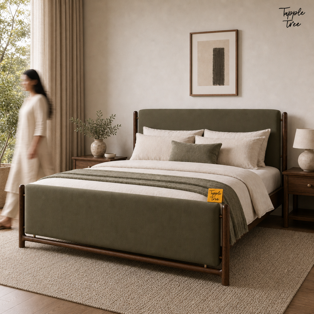 Olive Panel Teak Upholstered Bed, lifestyle walking woman