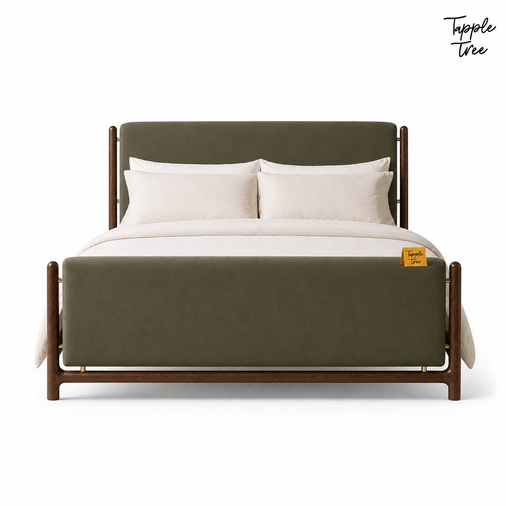 Olive Panel Teak Upholstered Bed, white front