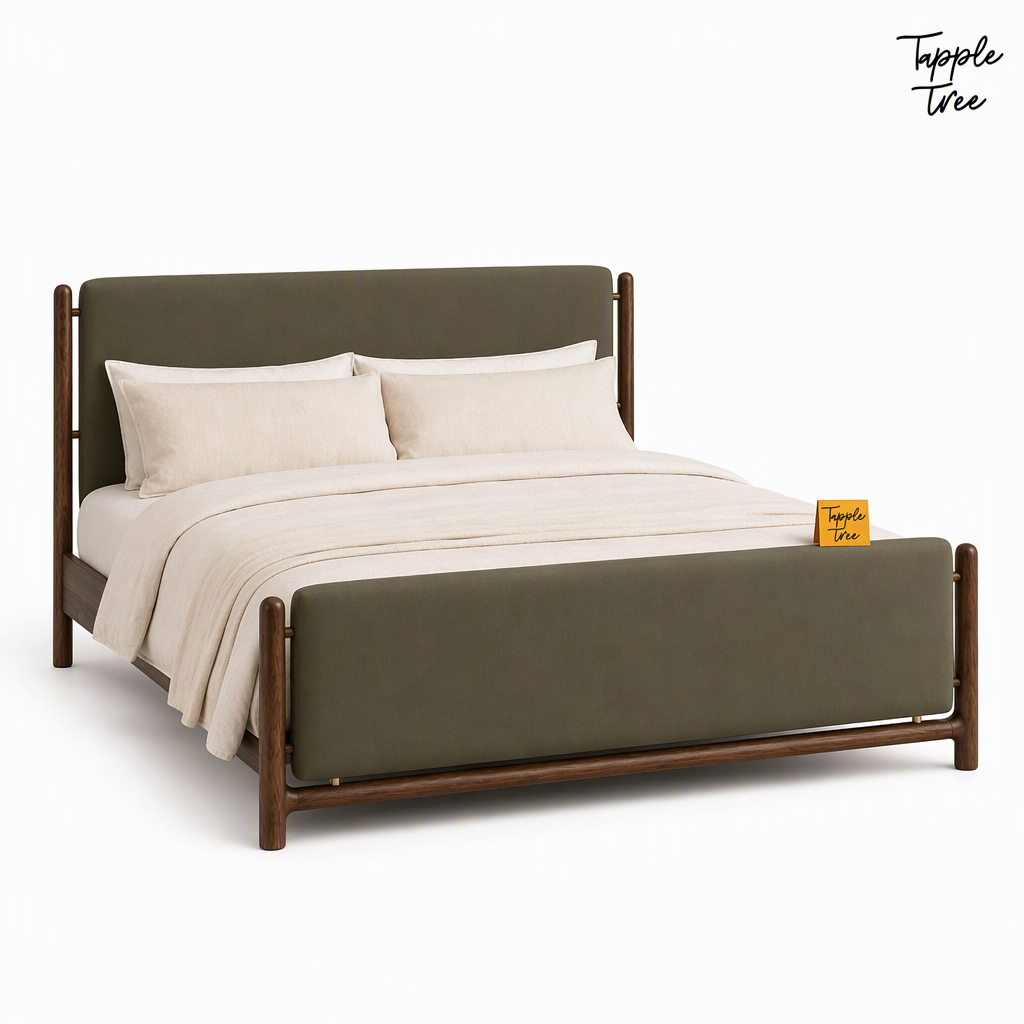 Olive Panel Teak Upholstered Bed, white three quarter