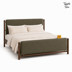 Olive Panel Teak Upholstered Bed, white three quarter