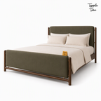 Olive Panel Teak Upholstered Bed, white opposite angle