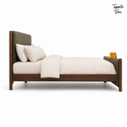 Olive Panel Teak Upholstered Bed, white side profile