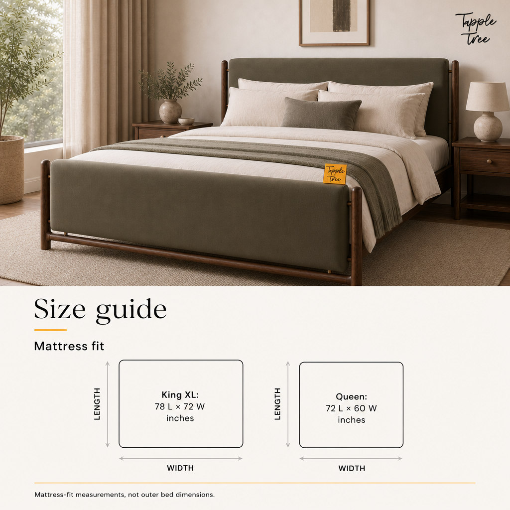 Olive Panel Teak Upholstered Bed, size guide