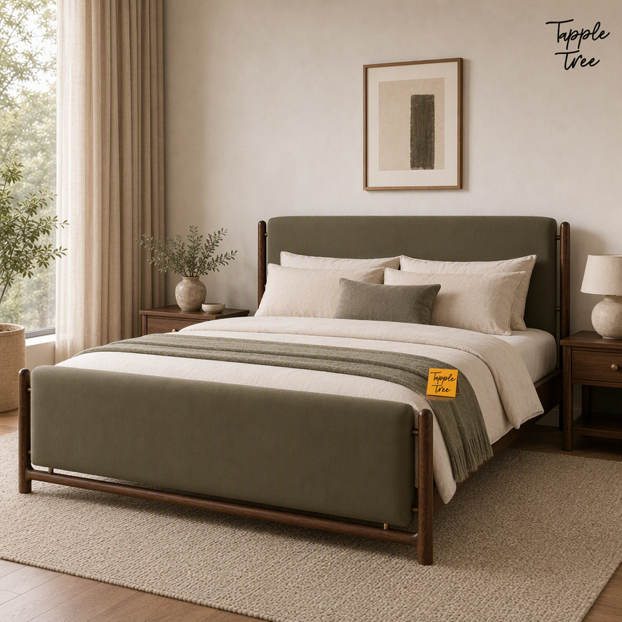 Olive Panel Teak Upholstered Bed, lifestyle view with a removable Tapple Tree tag resting on the bed and a small corner logo