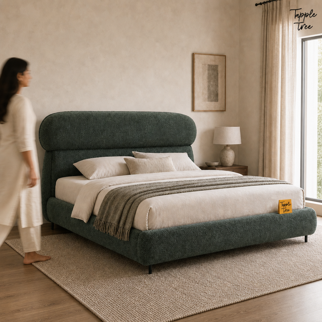 Forest Boucle Upholstered Storage Bed, lifestyle walking woman