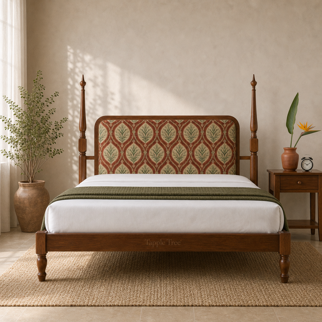Botanical teak upholstered bed, straight front view in a neutral bedroom