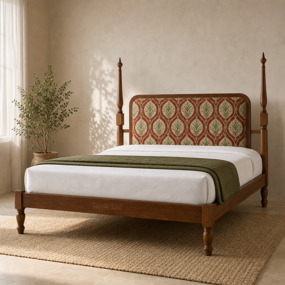 Botanical teak upholstered bed with turned posts in a warm ivory bedroom, front three-quarter view