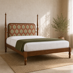 Tapple Tree botanical teak upholstered bed from the opposite side in a softly lit neutral bedroom