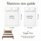 King 78 by 72 inch and queen 78 by 60 inch mattress fit guide; not outer bed dimensions